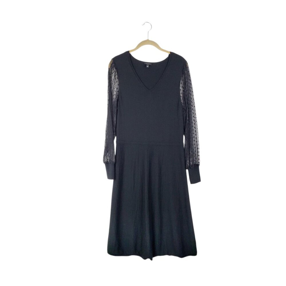 Talbots Black Merino Wool Fit & Flare Dress Sheer Sleeve Whimsigoth Womens Large